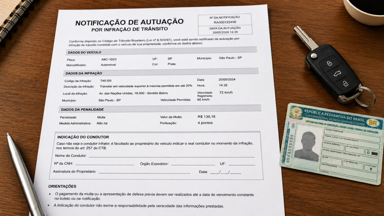 Traffic violation document on a wooden table next to a car key and driver's license, illustrating the responsibilities of the owner and driver in the application of fines.