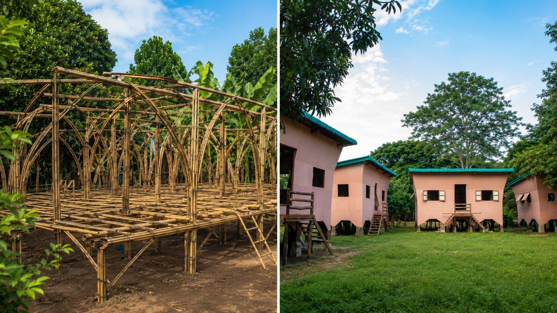 Casa de bambu de moradia social, de construção rápida e que custa o preço de um celular: 26 resistiram intactas ao terremoto de 7,7 em Mandalay, Myanmar.