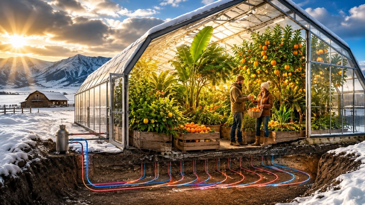 Casal de Wyoming enterrou 20 tubos sob estufa geotérmica de 170 m², driblou frio de -40°C e passou a colher frutas tropicais o ano todo, mostrando como o calor da terra pode produzir (7)