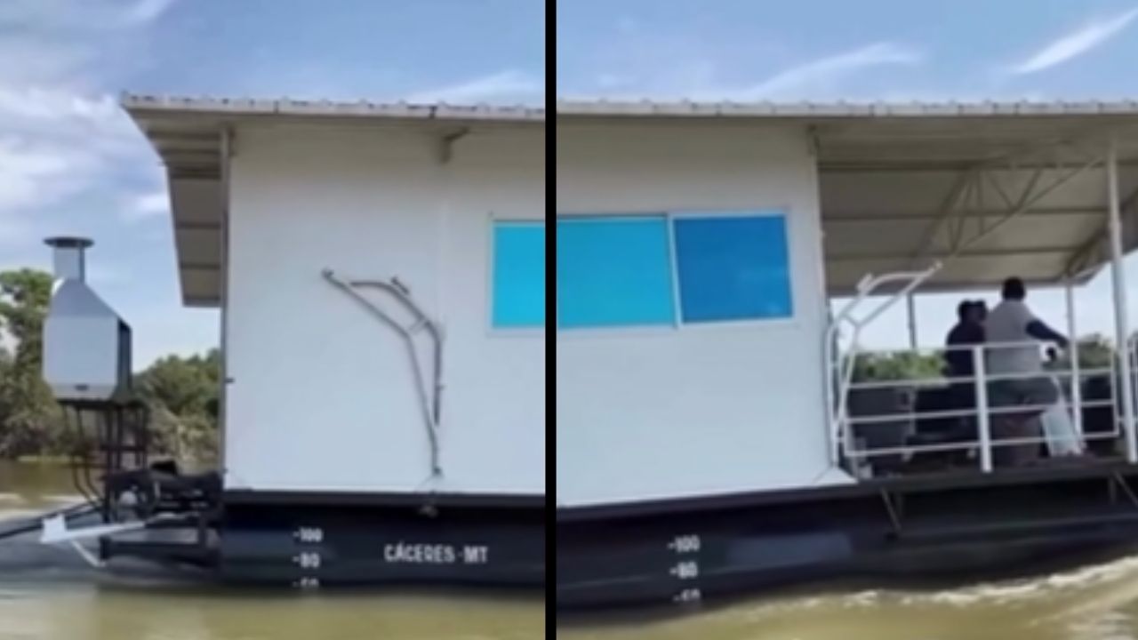 casa flutuante em Cáceres une energia solar, rio Paraguai e Marinha em projeto vistoriado para navegação e passeios.
