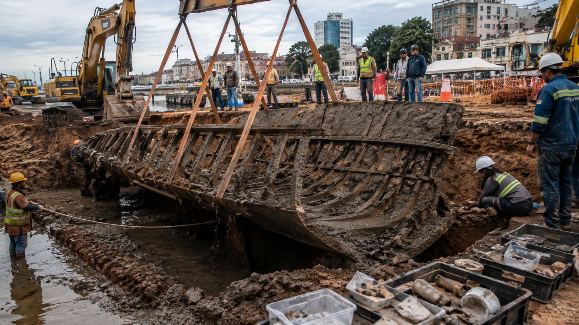 Nas obras da COP30 em Belém, achados arqueológicos revelaram um navio do século XIX soterrado, galerias subterrâneas e cerâmica indígena de mais de 500 anos.