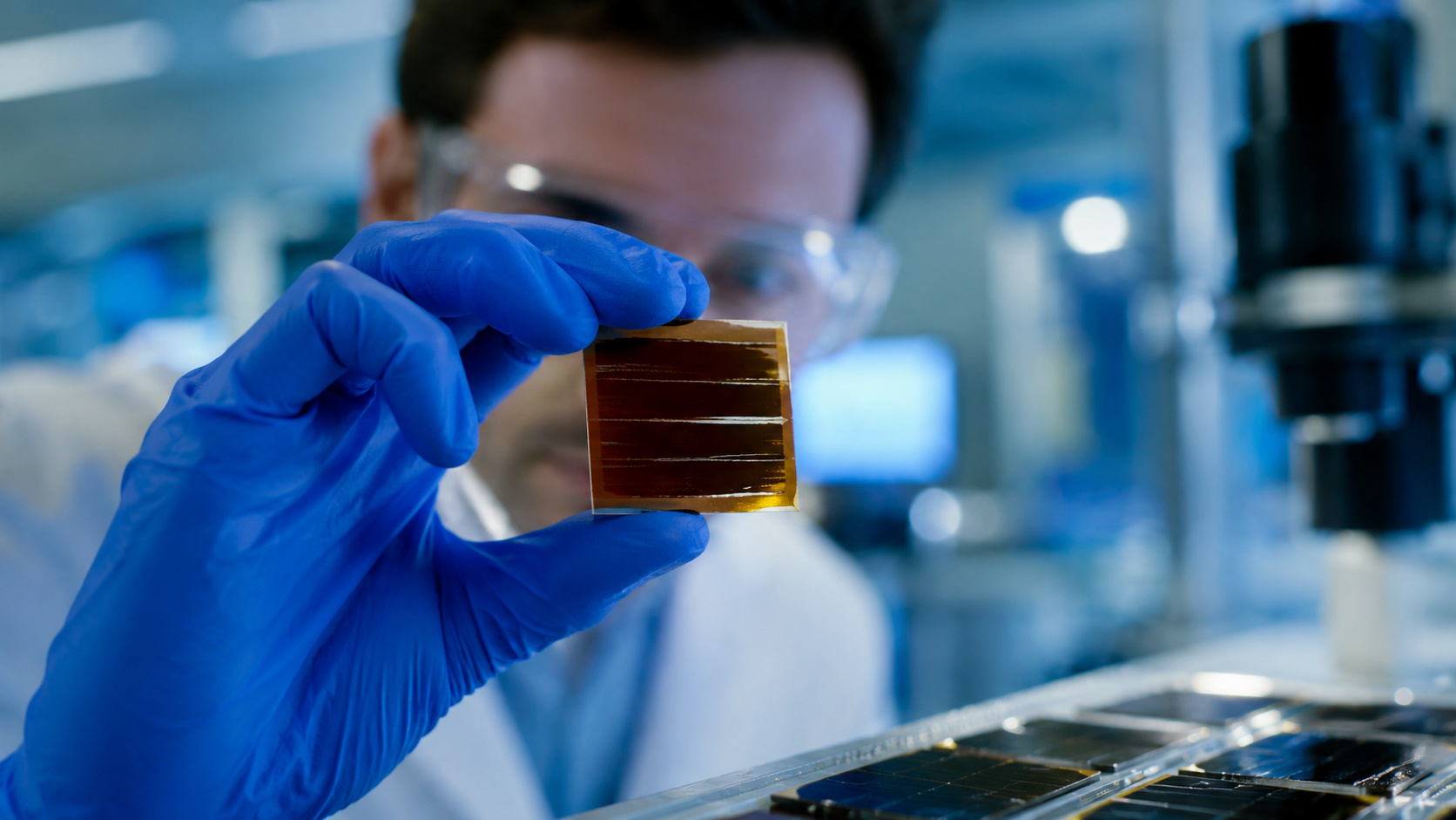 Cientista em laboratório segura uma célula solar de perovskita durante pesquisa voltada ao desenvolvimento de painéis solares tandem de alta eficiência para aplicações industriais.