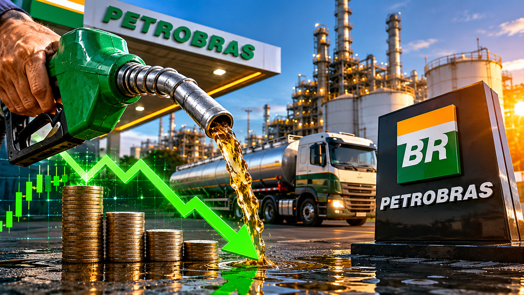 Bomba de diesel abastecendo veículo em posto da Petrobras diante de refinaria industrial, com elementos visuais representando queda nos preços dos combustíveis e redução dos custos no setor energético brasileiro.