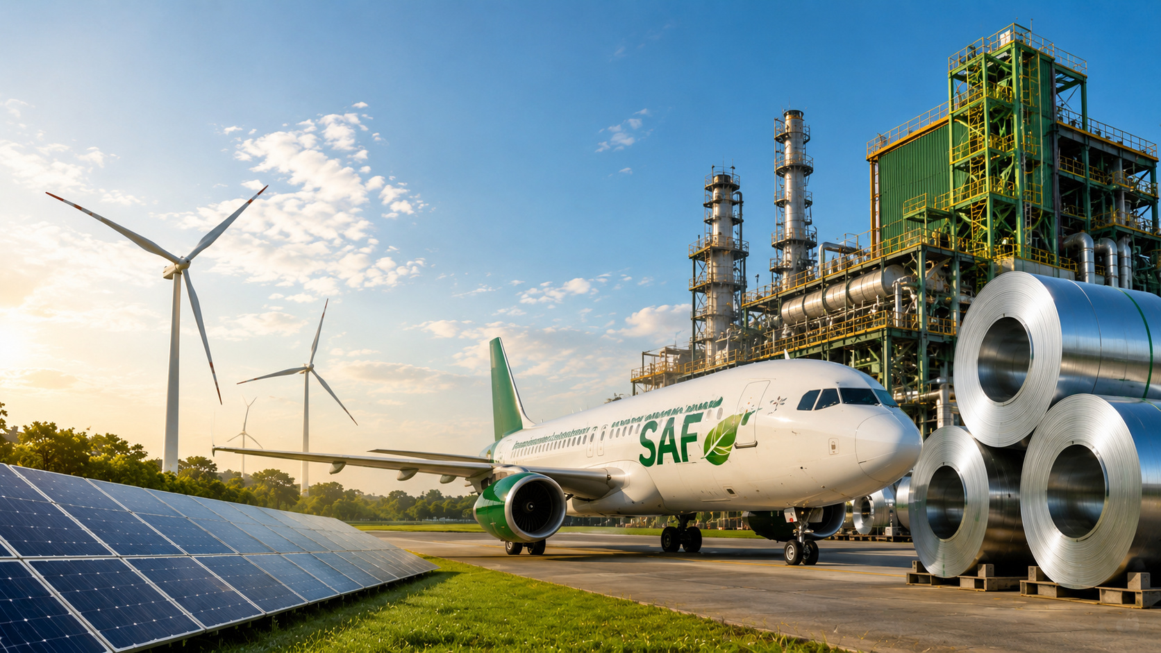Avião associado ao combustível sustentável de aviação (SAF) ao lado de uma planta industrial de baixo carbono, com turbinas eólicas, painéis solares e bobinas metálicas, representando a transição energética e a indústria limpa.