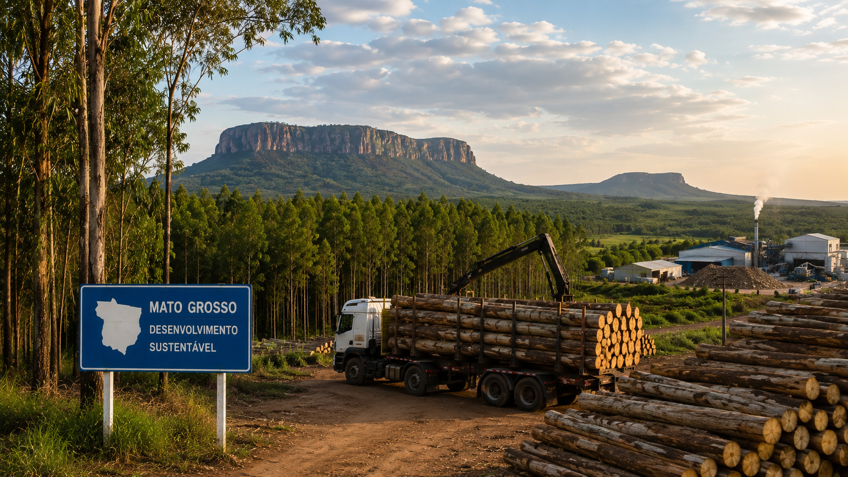 Caminhão carregado de toras em área de florestas plantadas em Mato Grosso, com indústria de biomassa ao fundo e paisagem florestal sustentável.