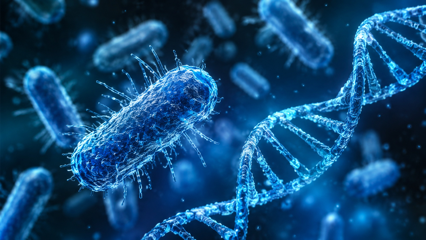 Ilustração científica realista mostra uma bactéria em destaque ao lado de uma molécula de DNA, representando a descoberta de uma proteína capaz de sintetizar DNA sem utilizar um molde genético convencional.