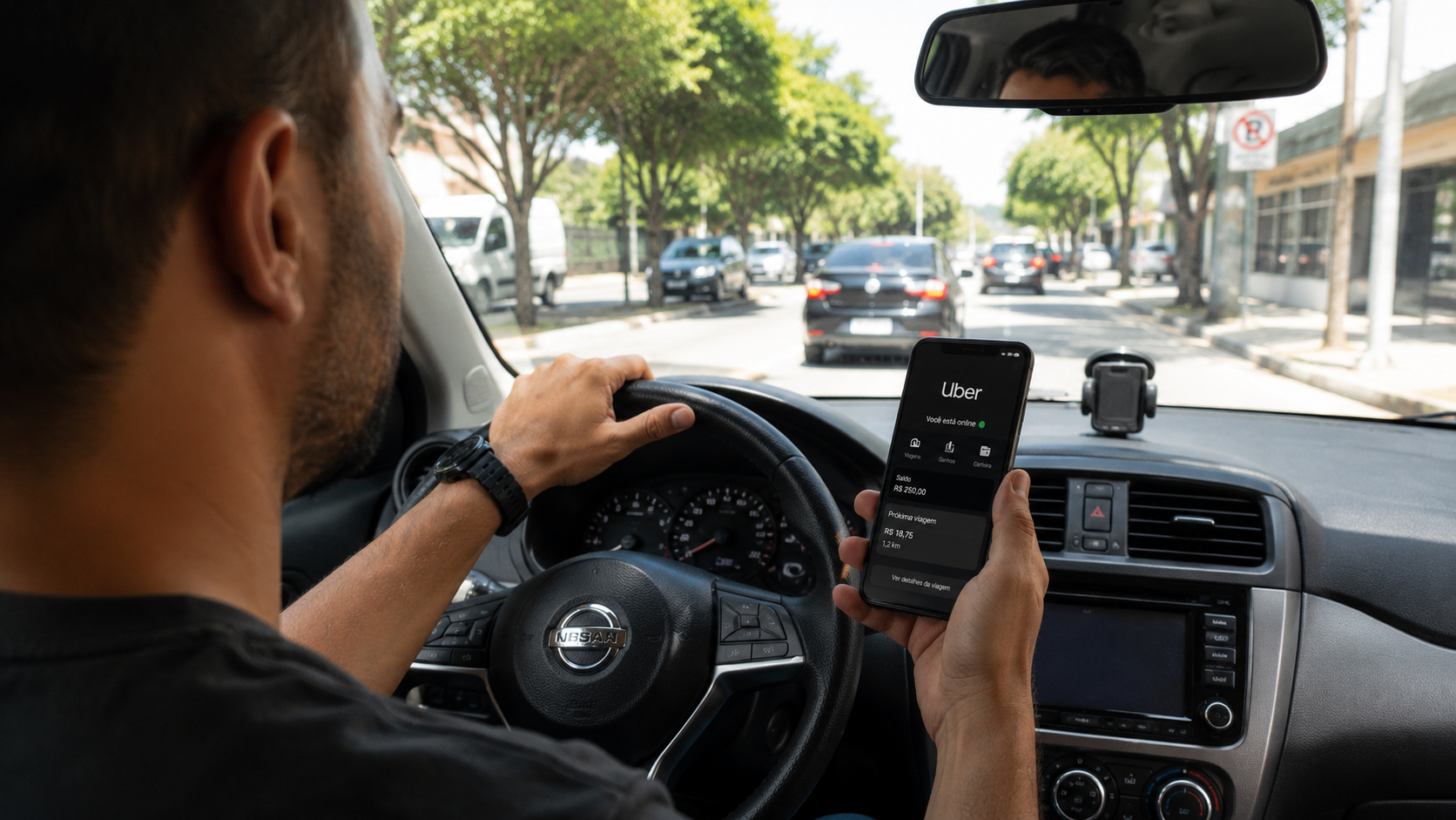 Motorista usando aplicativo da Uber no celular dentro de um carro, em referência ao novo Passe para Motoristas testado em 12 cidades.