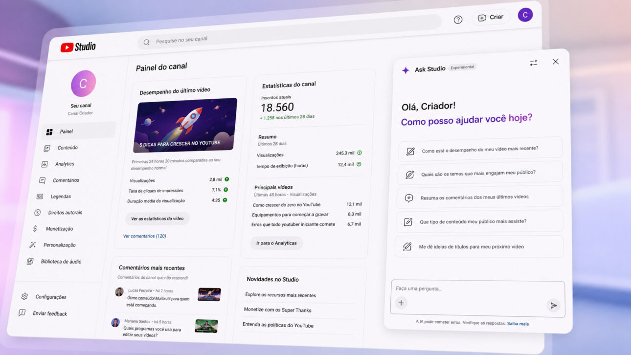 Interface del YouTube Studio con panel de rendimiento del canal y asistente de inteligencia artificial Ask Studio mostrando sugerencias sobre métricas, comentarios, compromiso del público e ideas para nuevos videos.
