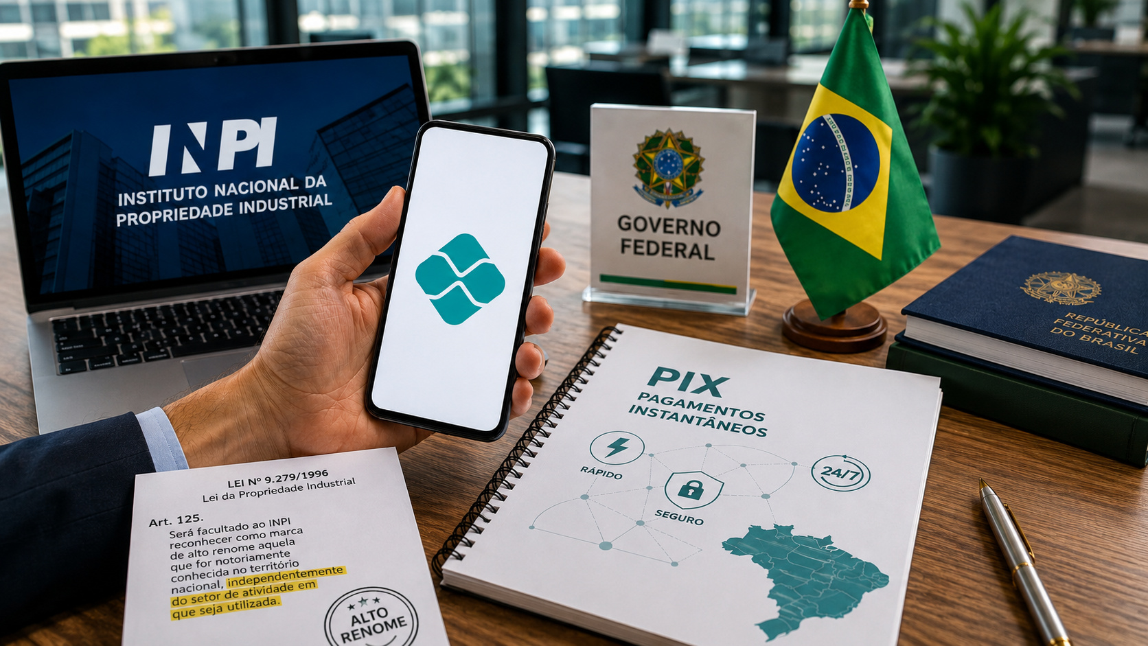 Smartphone representando o Pix sobre mesa corporativa com documentos da Lei da Propriedade Industrial, bandeira do Brasil e elementos que simbolizam o reconhecimento da marca como alto renome pelo INPI.
