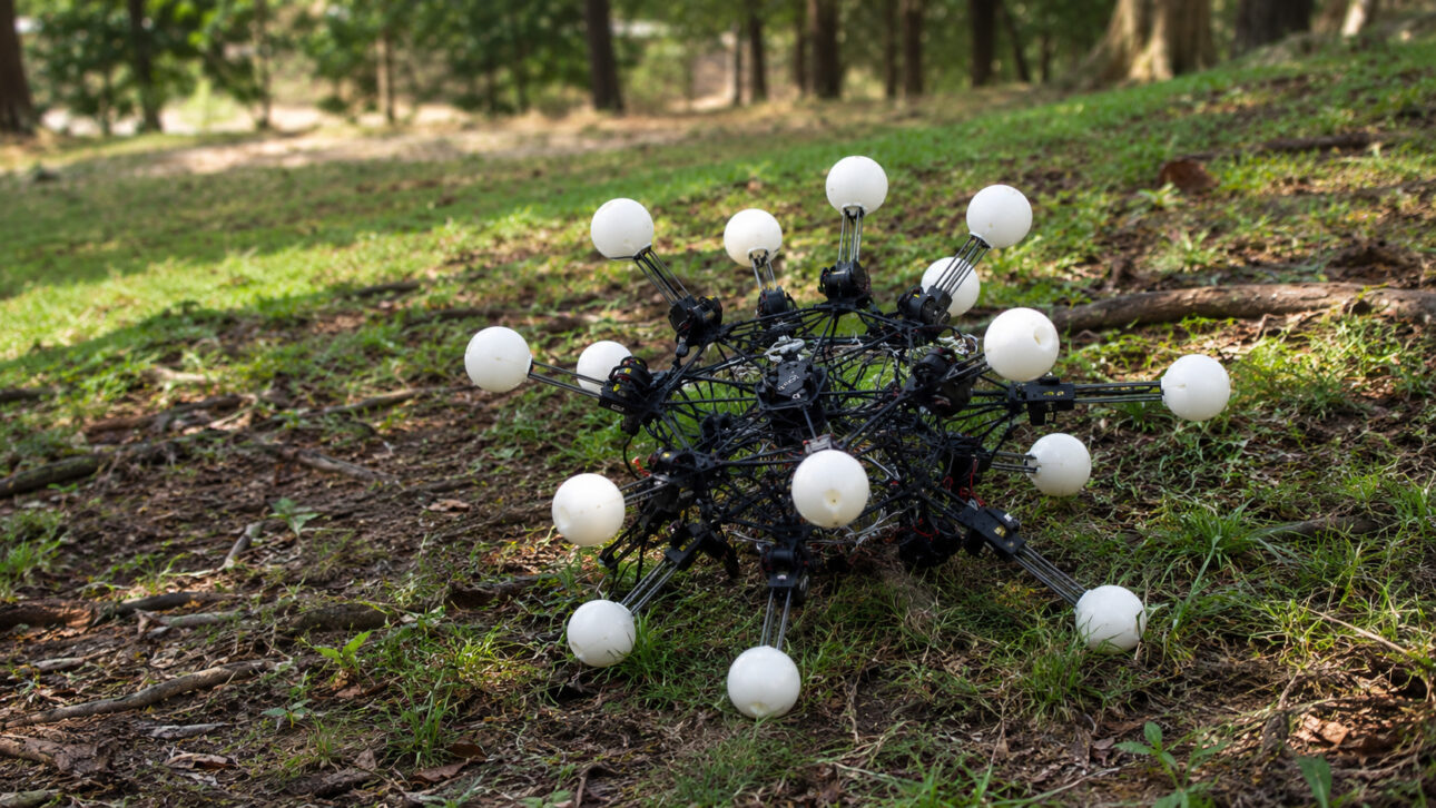 Robô Argus com estrutura esférica, pernas telescópicas e sensores distribuídos, realizando testes em área gramada com vegetação, demonstrando mobilidade multidirecional e adaptação a terrenos irregulares.