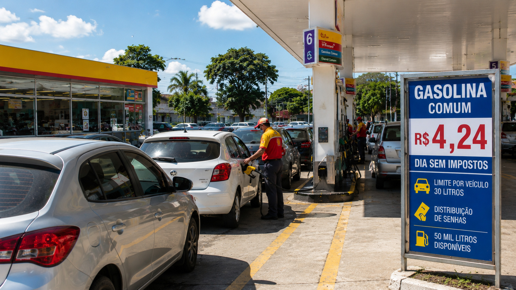 Motoristas abastecem em posto de gasolina durante campanha com gasolina a R$ 4,24, limite de 30 litros e grande procura nas bombas.
