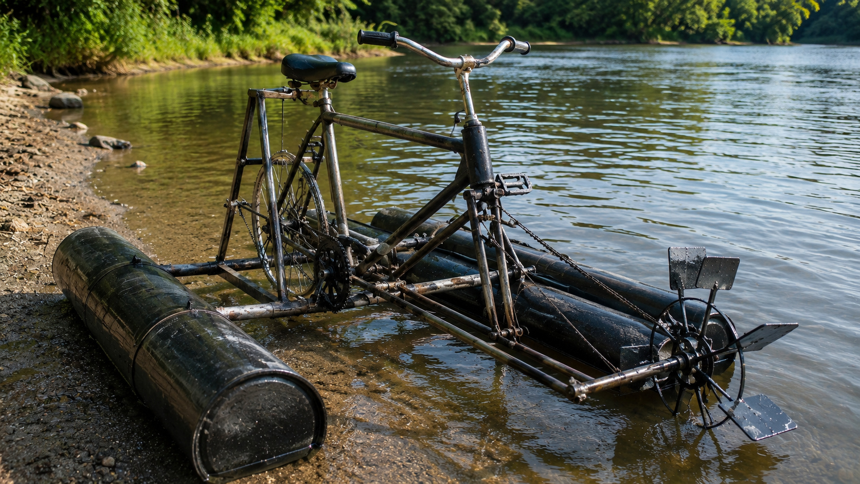 Bicicleta anfíbia artesanal feita com sucata de metal, flutuadores laterais e hélice de pedal na margem de um rio.