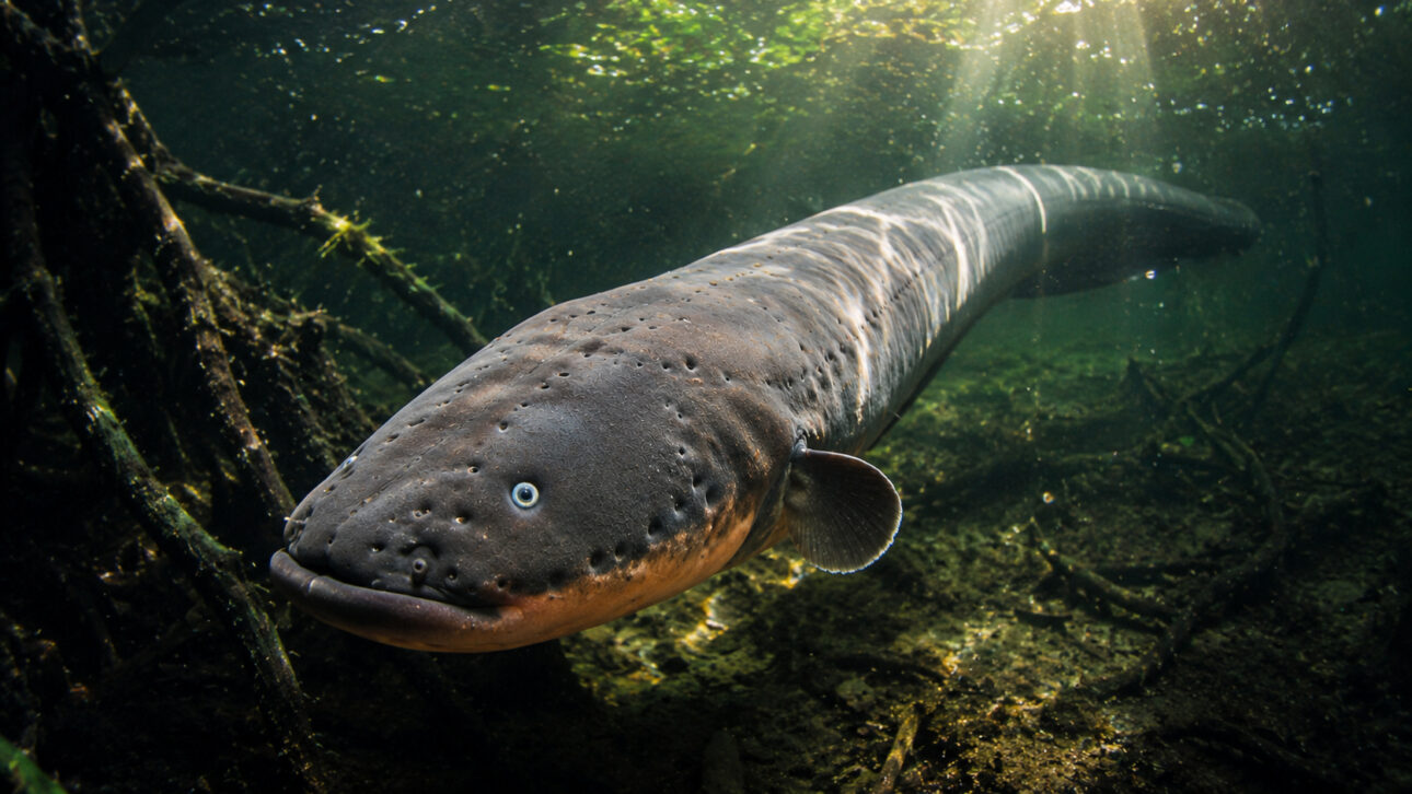 Poraquê nadando entre raízes submersas em um rio da Amazônia, destacando sua anatomia especializada na geração de descargas elétricas de alta voltagem.