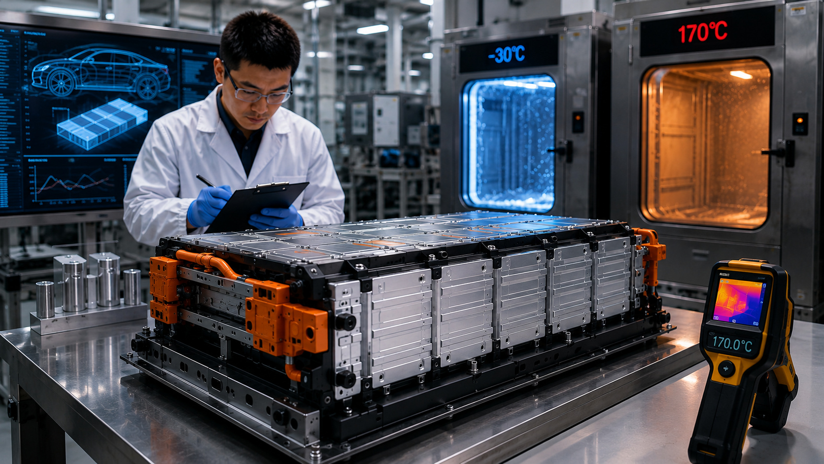 Engenheiro analisa bateria de estado sólido em laboratório de testes avançados, com câmaras de temperatura extrema e equipamentos utilizados no desenvolvimento de tecnologias para carros elétricos com mais de 1.000 km de autonomia.