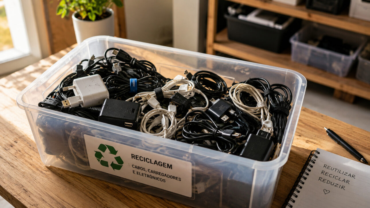 Recipiente transparente lleno de cargadores antiguos, cables USB y adaptadores electrónicos sobre una mesa de madera, preparado para reciclaje y descarte correcto de residuos electrónicos.