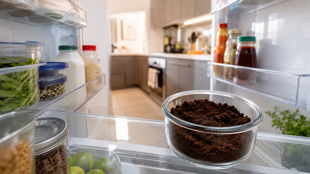 Glass bowl with coffee grounds positioned inside an open refrigerator, surrounded by food and containers, illustrating the use of used coffee to reduce odors and reuse household waste.