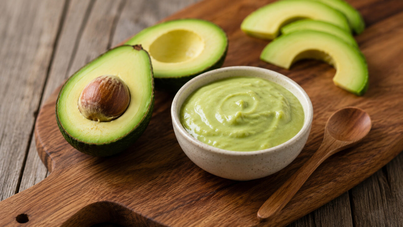 Metade de um abacate e uma tigela com creme de abacate sobre tábua de madeira rústica, representando uma forma prática de consumir a fruta rica em gorduras saudáveis, fibras, vitaminas e minerais.