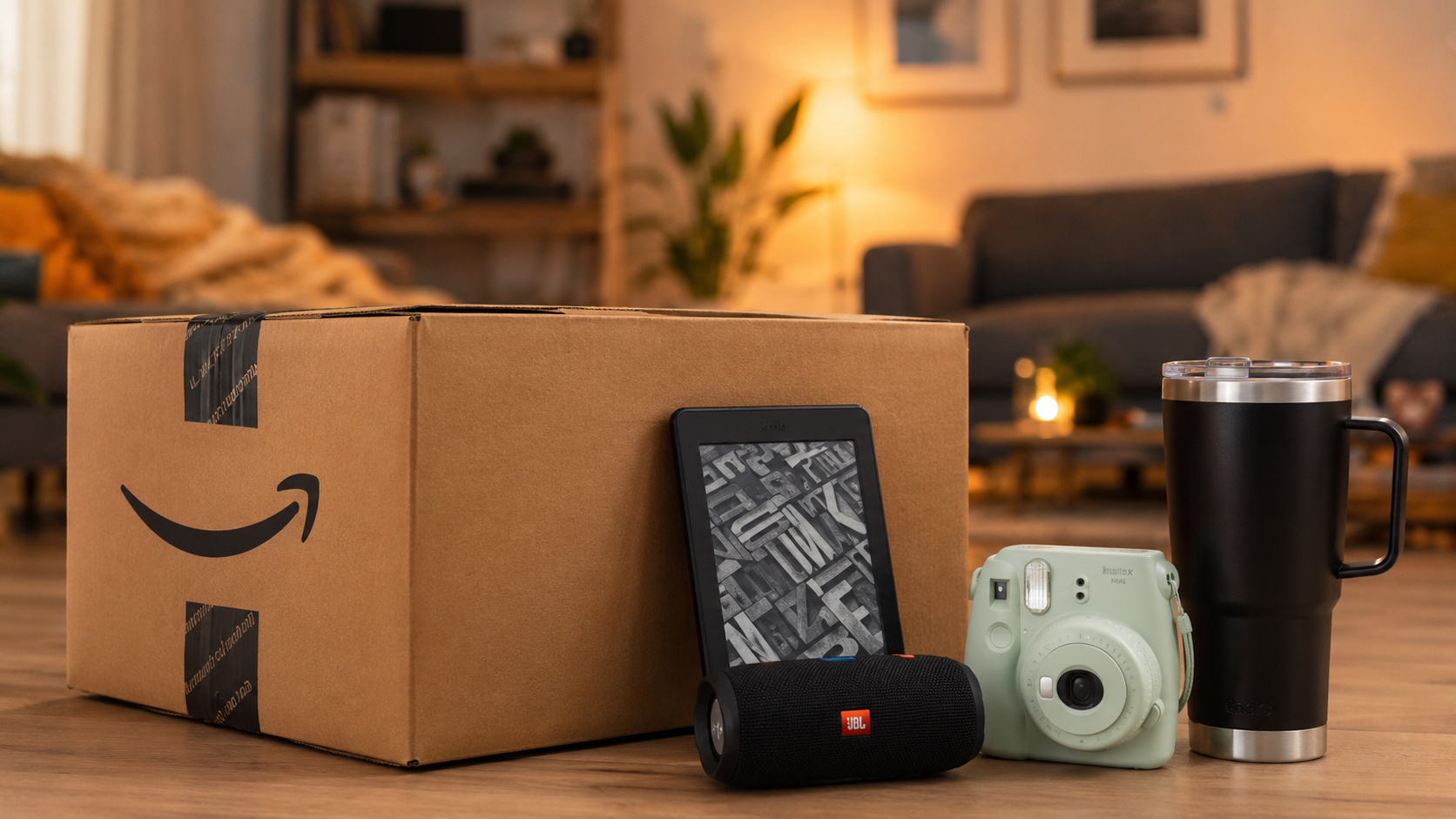 Caixa de entrega da Amazon em uma sala residencial ao lado de um Kindle, uma caixa de som JBL, uma câmera instantânea Instax e um copo térmico, representando a promoção Caixa Premiada.