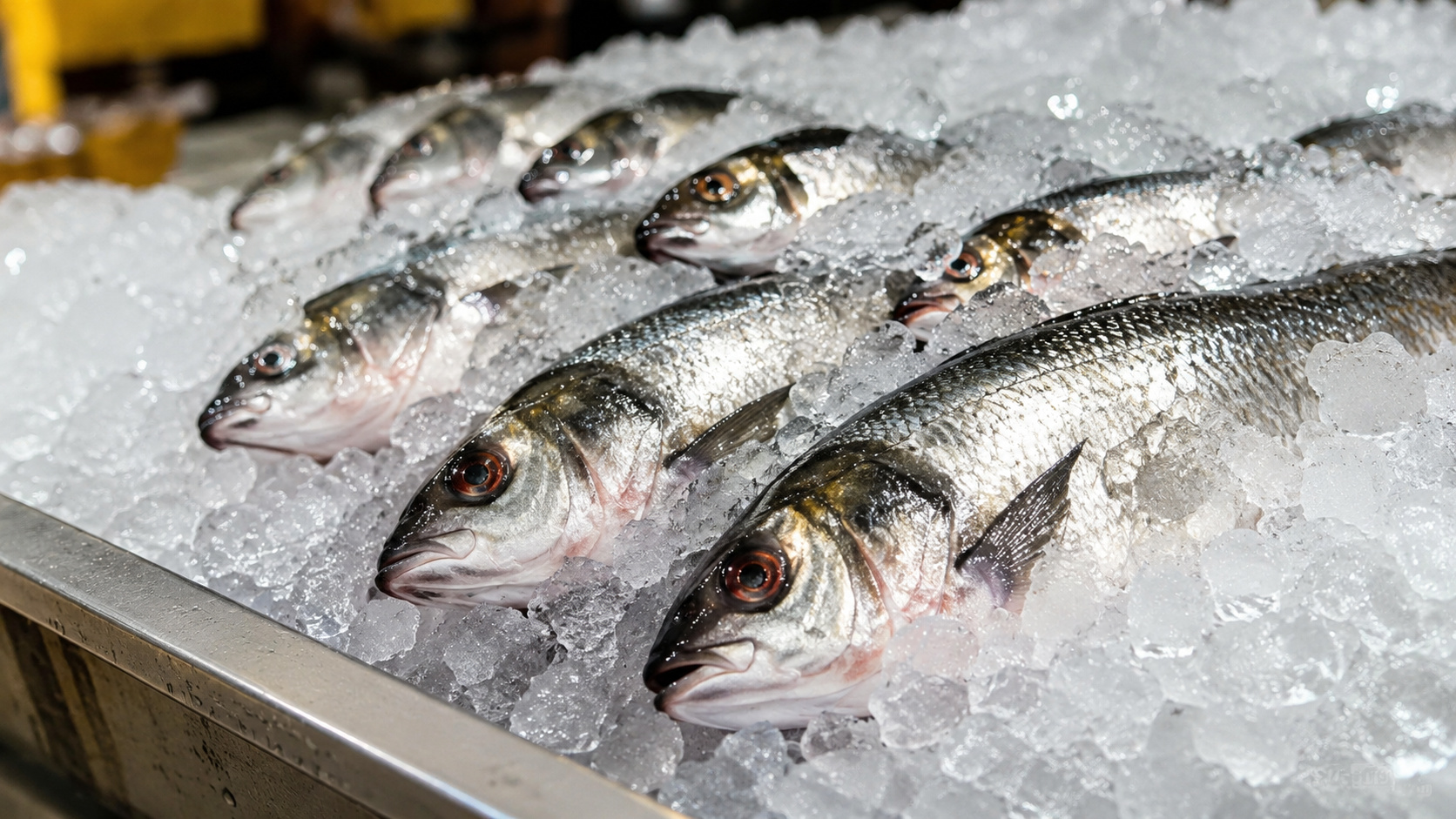 Peixes frescos armazenados sobre gelo em centro de comercialização, representando a cadeia produtiva do pescado brasileiro avaliada pela União Europeia durante auditoria para exportações.