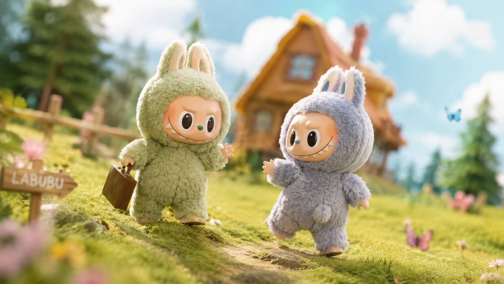 Dois bonecos Labubu de pelúcia caminham em um cenário colorido ao ar livre, representando a parceria entre a Pop Mart e a Copa do Mundo 2026 após aparição na cerimônia de abertura.