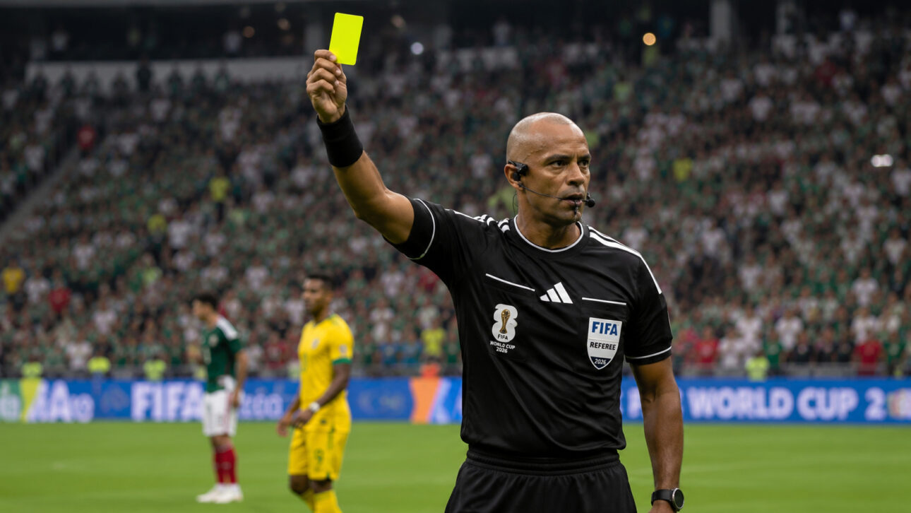 Brazilian referee Wilton Pereira Sampaio shows a card during the match between Mexico and South Africa at the opening of the 2026 World Cup, with a player in the background and the Azteca Stadium field around.