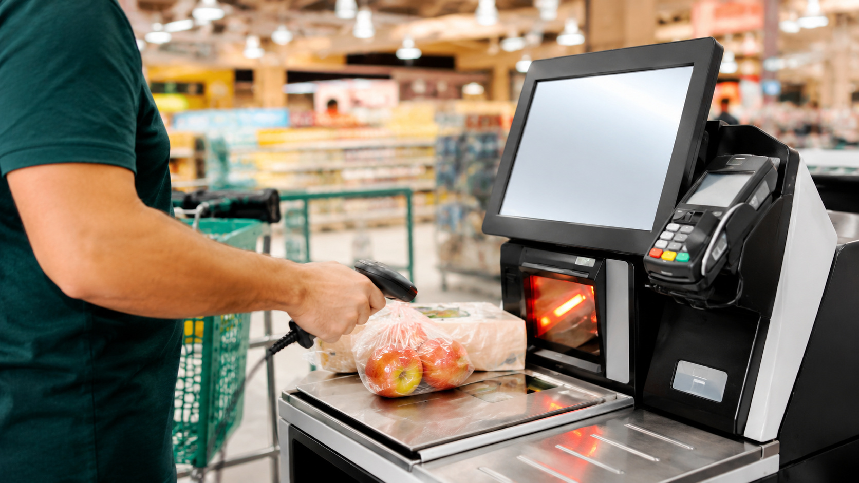 Cliente utiliza caixa de autoatendimento em supermercado, escaneando produtos e realizando pagamento de forma autônoma em terminal digital.