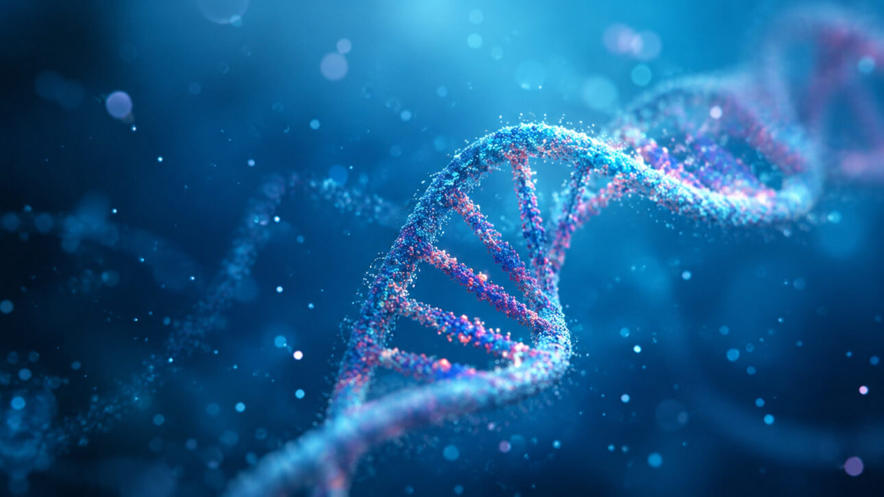 Representación digital de una molécula de ADN iluminada en tonos azules, simbolizando investigaciones genéticas y pruebas de ADN utilizadas para evaluar riesgos de enfermedades hereditarias en futuros hijos.