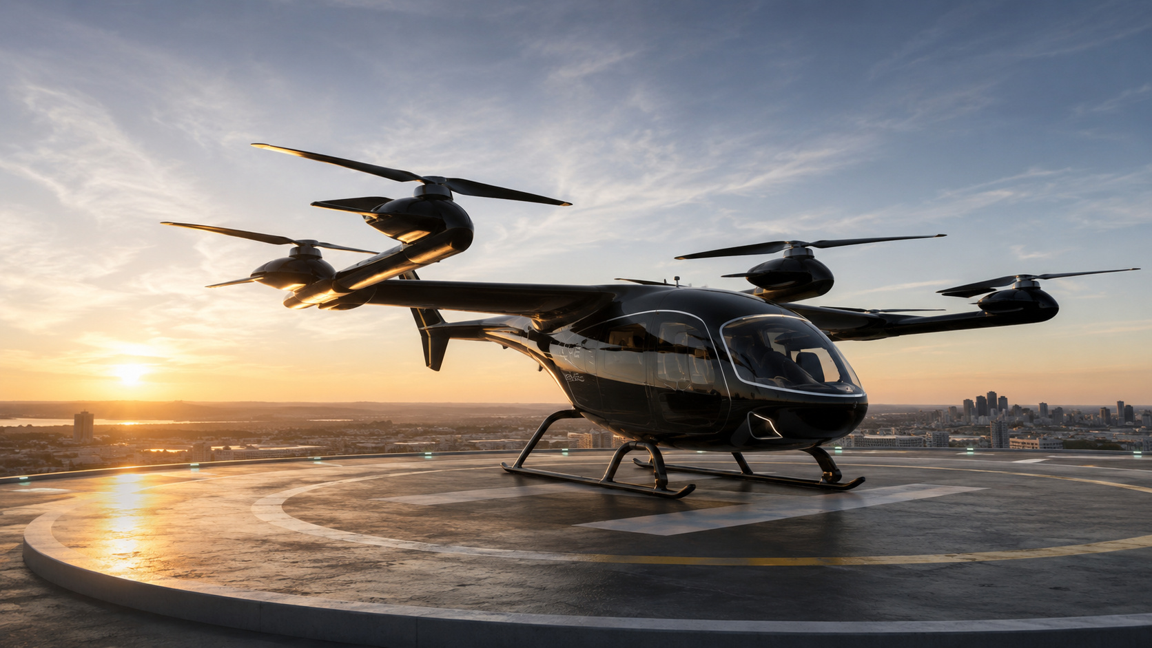 Carro voador elétrico eVTOL da Eve, subsidiária da Embraer, estacionado em heliponto urbano durante o pôr do sol, representando os avanços dos testes e a meta de certificação prevista para 2028.