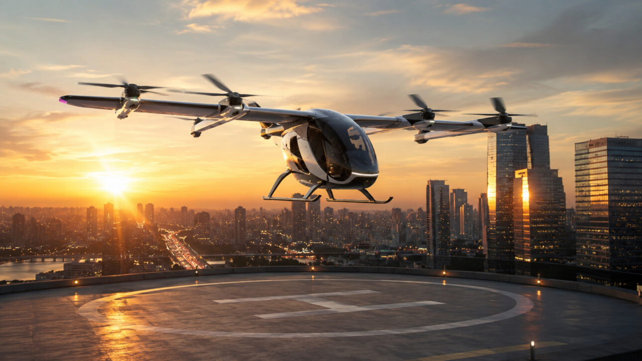 Eve's electric eVTOL aircraft, a subsidiary of Embraer, flying over a large metropolis at dusk, with modern buildings and urban roads in the background, representing the future of urban air mobility.
