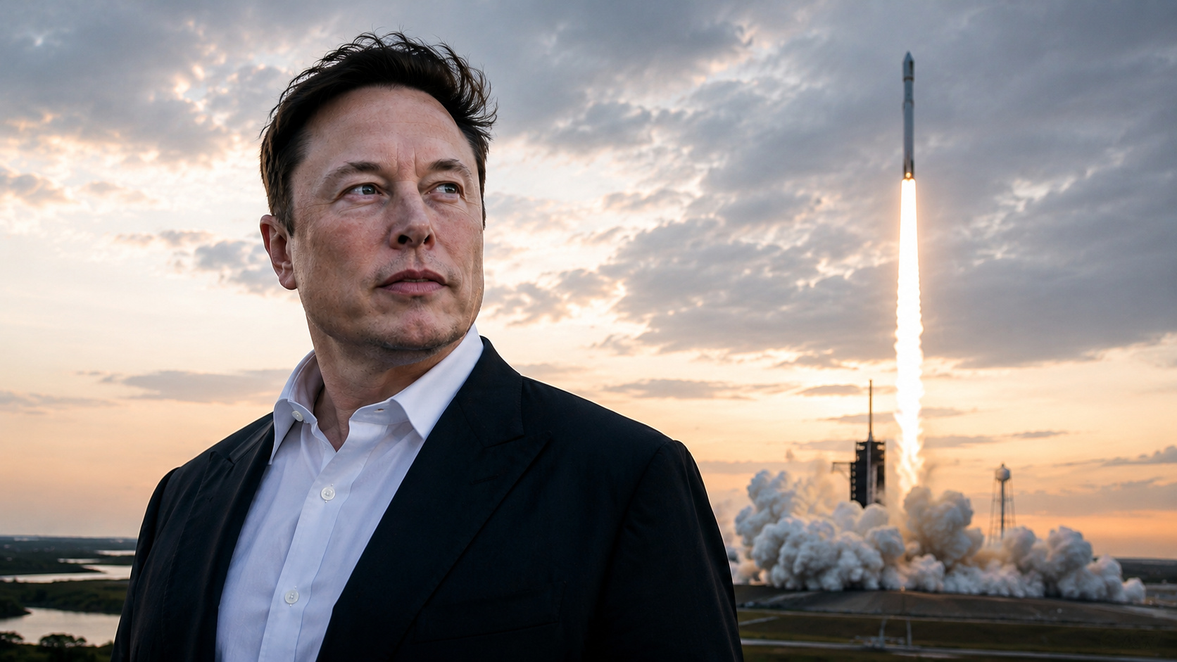 Elon Musk em imagem ilustrativa diante de foguete em lançamento, representando o IPO da SpaceX na Nasdaq e a fortuna de US$ 1,1 trilhão.