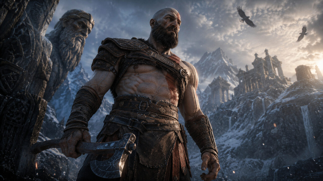Warrior inspired by Nordic fantasy universes appears sitting next to a campfire in a snow-covered forest, representing the high level of visual detail, technical complexity, and quality standard present in the major AAA games of the global video game industry.