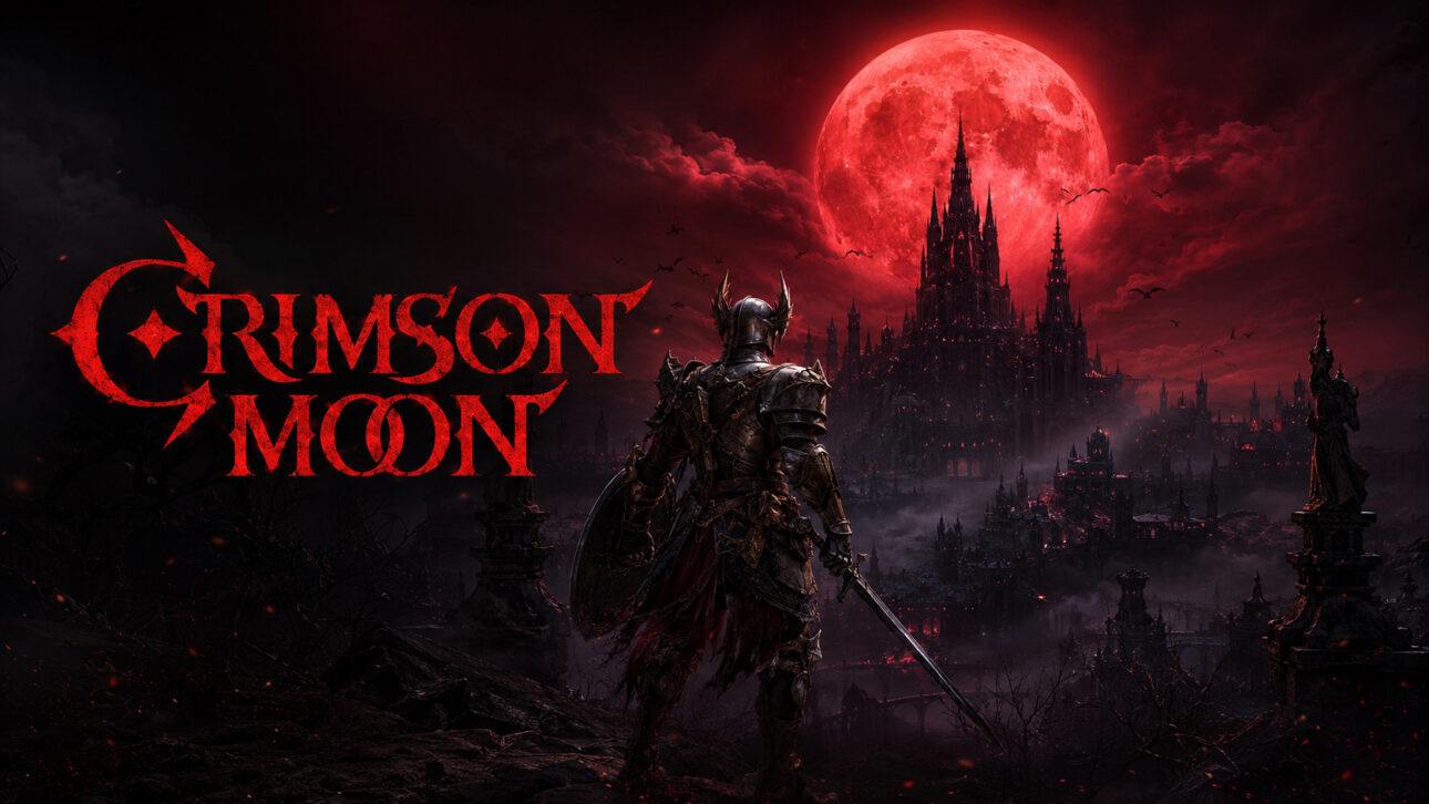 Guerreiro com armadura medieval contempla uma vasta cidade gótica iluminada por uma gigantesca lua vermelha, cercada por castelos, torres e elementos de fantasia sombria inspirados no jogo Crimson Moon.
