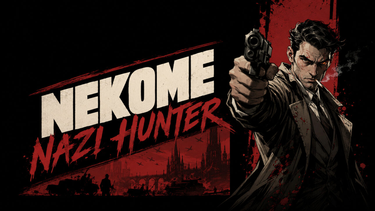 Personagem de visual noir aponta uma arma em primeiro plano diante de um cenário de guerra estilizado em tons de vermelho e preto, representando a atmosfera intensa e cinematográfica de Nekome: Nazi Hunter.