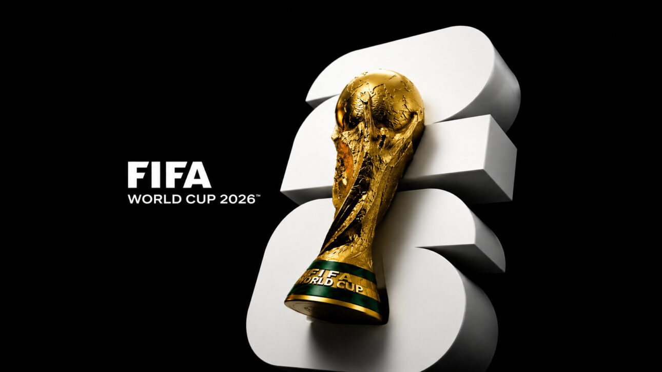Imagem ilustrativa do troféu da Copa do Mundo em perspectiva tridimensional diante de um grande número 26 estilizado, representando a Copa do Mundo FIFA 2026 e a crescente presença do futebol em plataformas digitais e de entretenimento.