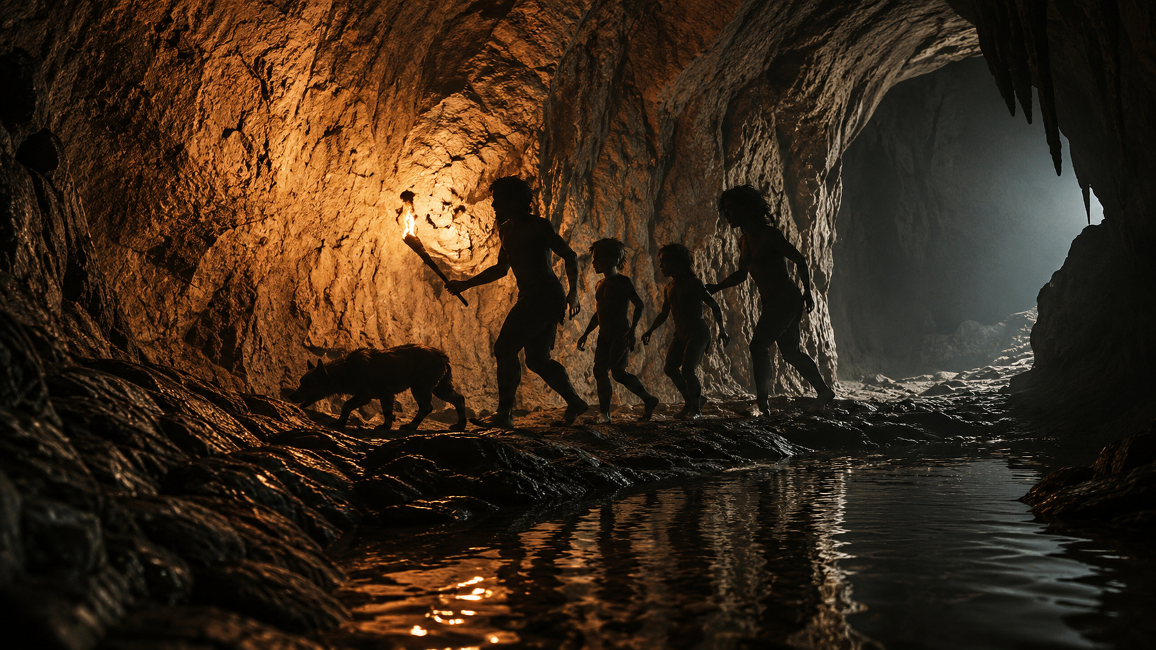 Grupo de humanos pré-históricos acompanhado por um canídeo atravessa uma caverna iluminada por galhos em chamas, recriando a exploração da Caverna Bàsura há cerca de 14.400 anos.