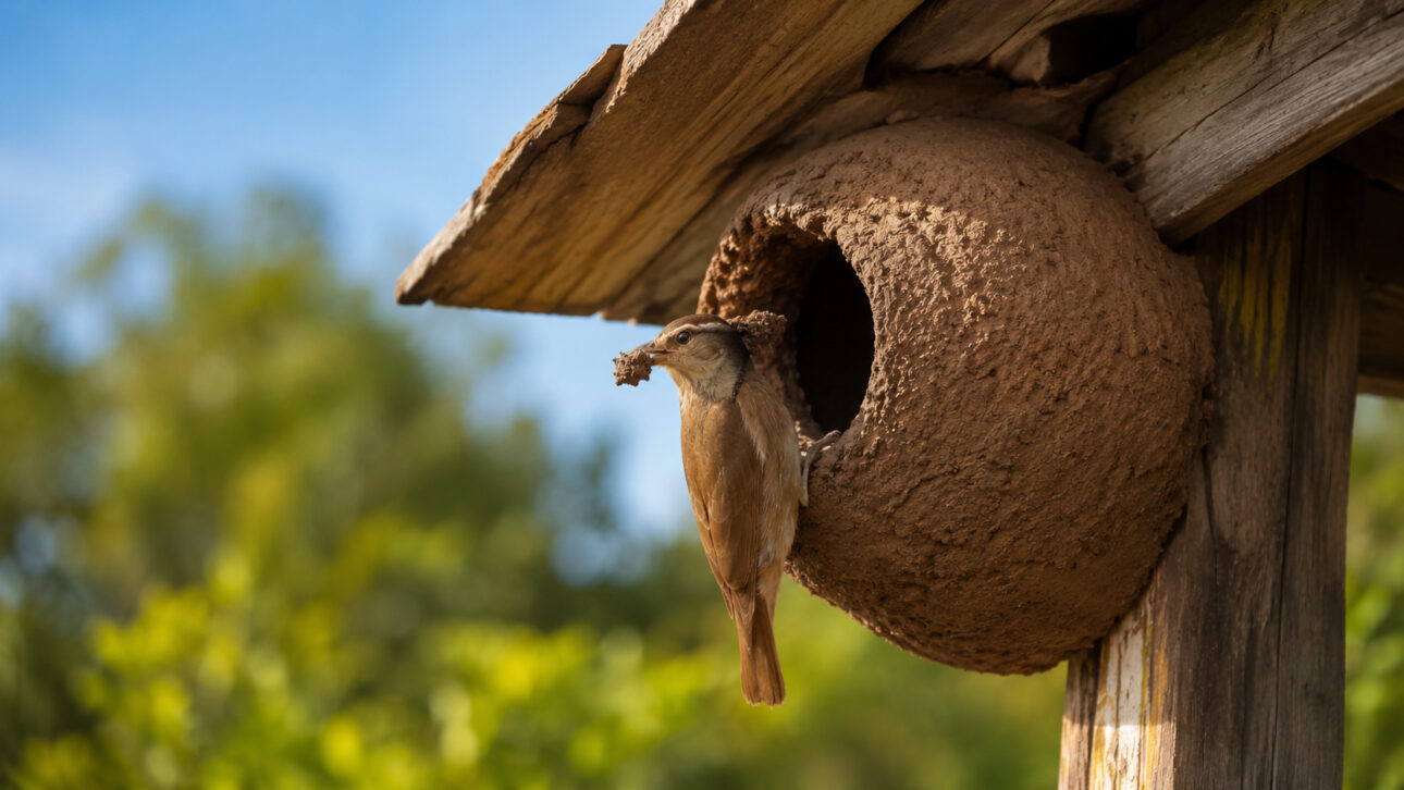 Rufous Hornero perched at the entrance of a clay nest attached to a wooden structure, carrying clay in its beak during the construction of the shelter.