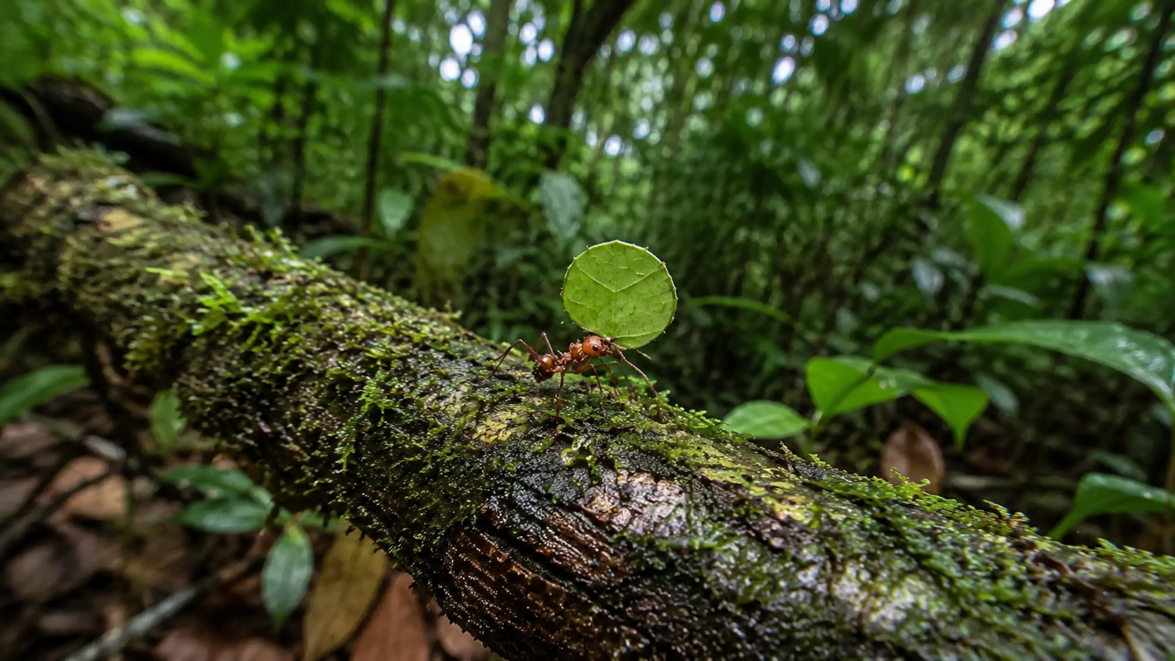 Formiga-da-amazônia carregando folha sobre tronco coberto de musgo na floresta tropical.