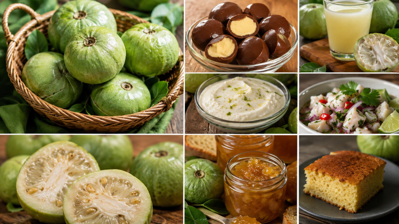 Montage with fresh giant gabiroba and various recipes prepared with the fruit, including jam, sweets, juice, mousse, and a gastronomic dish, highlighting the culinary versatility of the rare Atlantic Forest species.