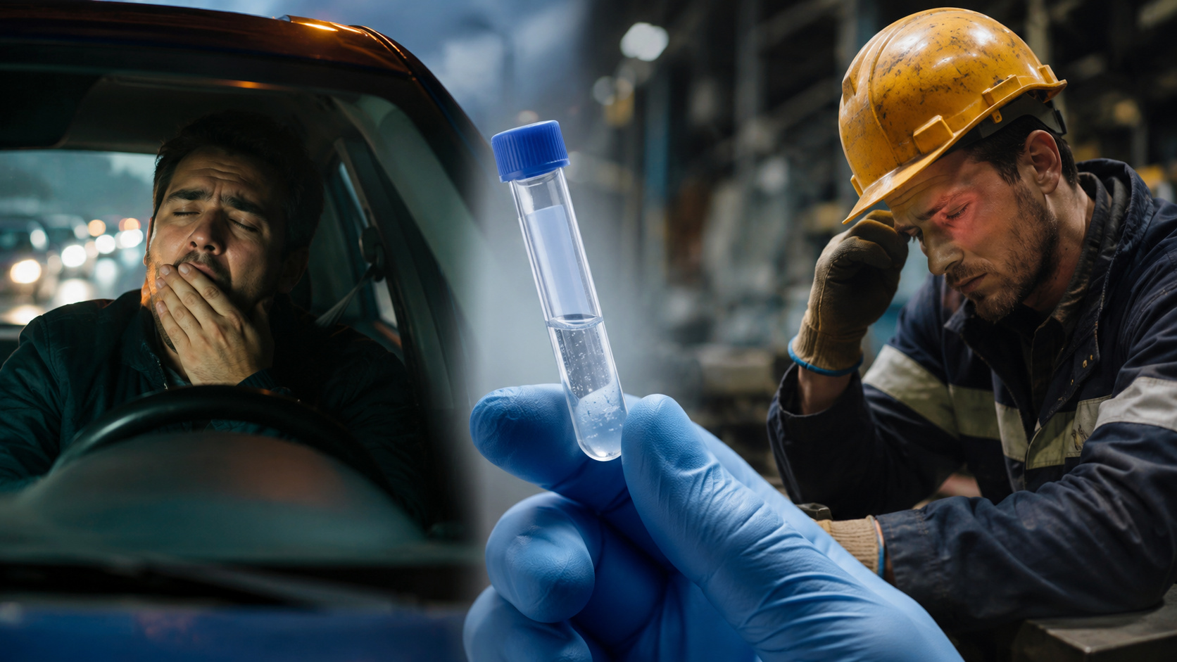Motorista sonolento em veículo, amostra de saliva em ambiente laboratorial e trabalhador industrial demonstrando fadiga, representando pesquisa que utiliza biomarcadores para identificar privação de sono e aumentar a segurança no trânsito e no trabalho.