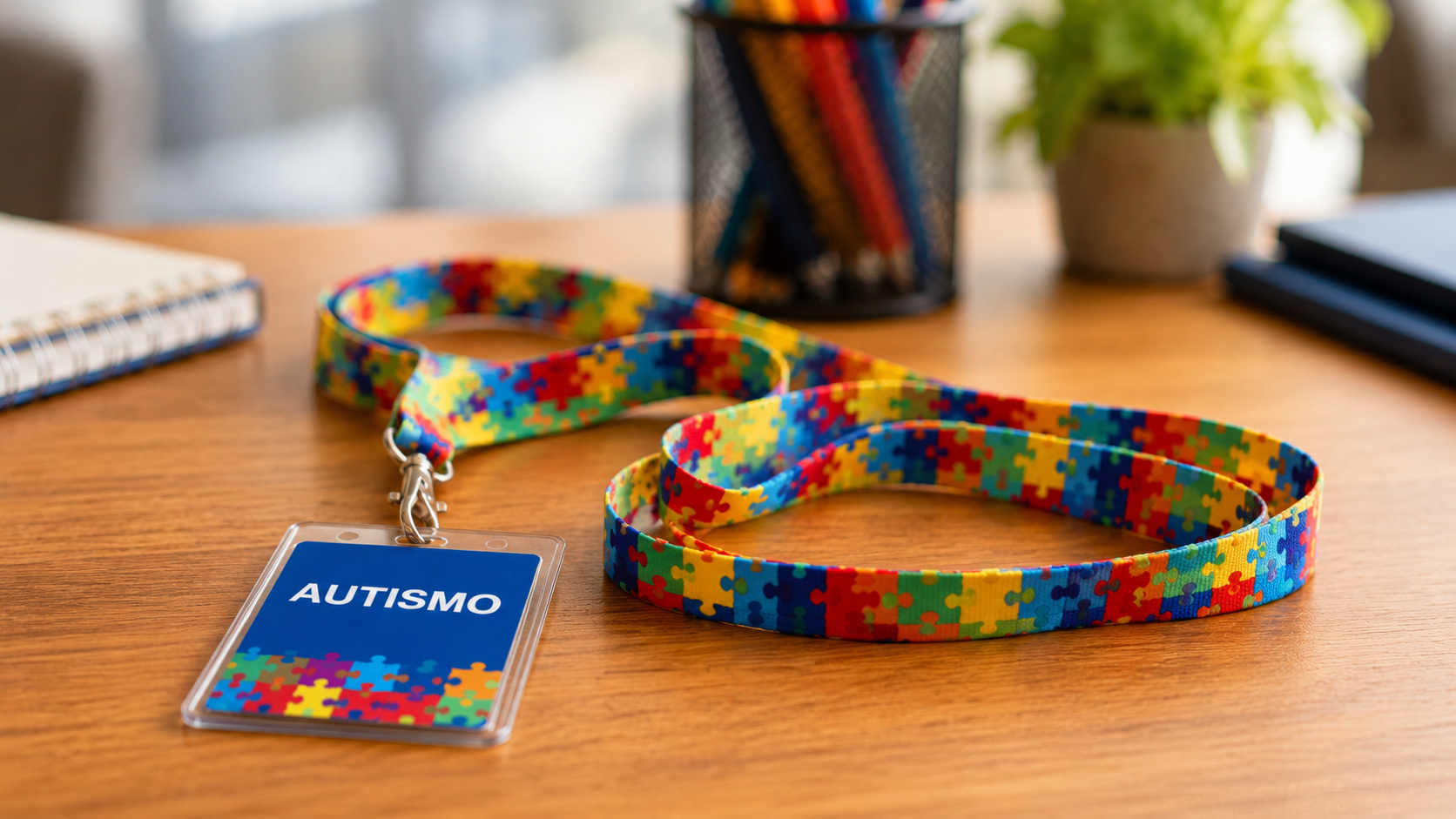 Cordão de identificação com símbolo do autismo e crachá escrito "Autismo" sobre uma mesa de madeira, em ambiente interno com objetos de escritório desfocados ao fundo.