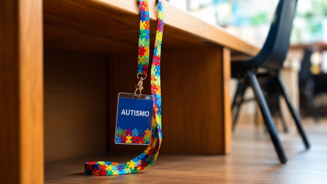 Cordão de identificação do autismo com estampa colorida de peças de quebra-cabeça e crachá escrito "Autismo" sobre uma mesa de madeira em ambiente de estudo ou trabalho.