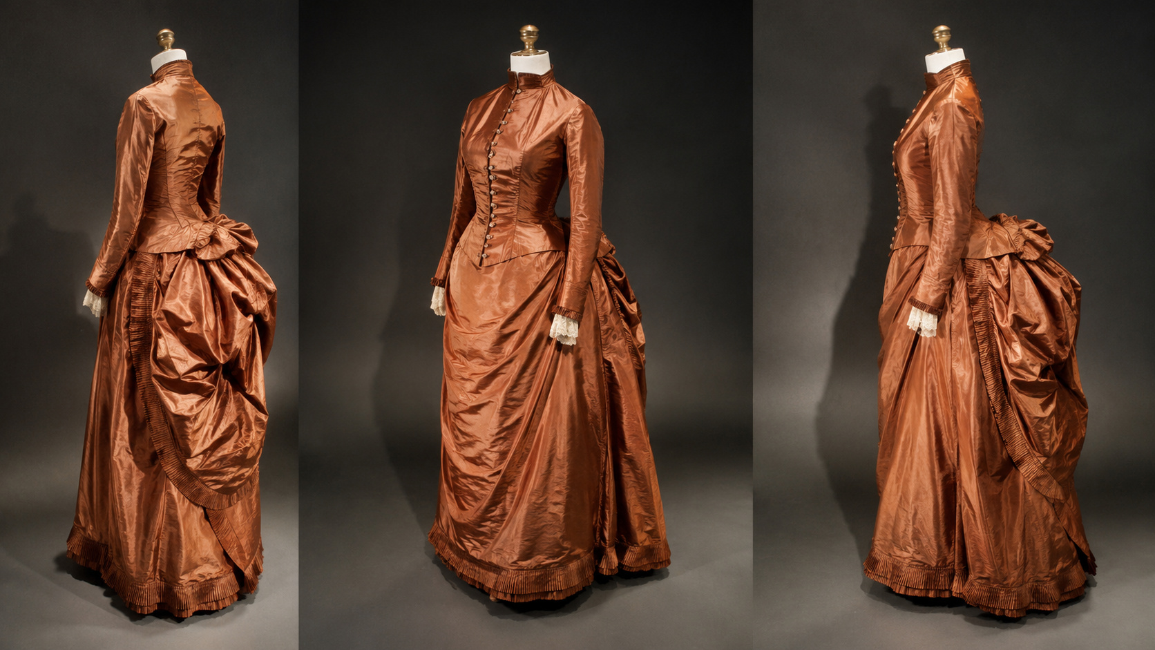 Vestido vitoriano de seda em tons acobreados exibido em manequim, relacionado ao código misterioso ligado à meteorologia e ao telégrafo no século XIX.