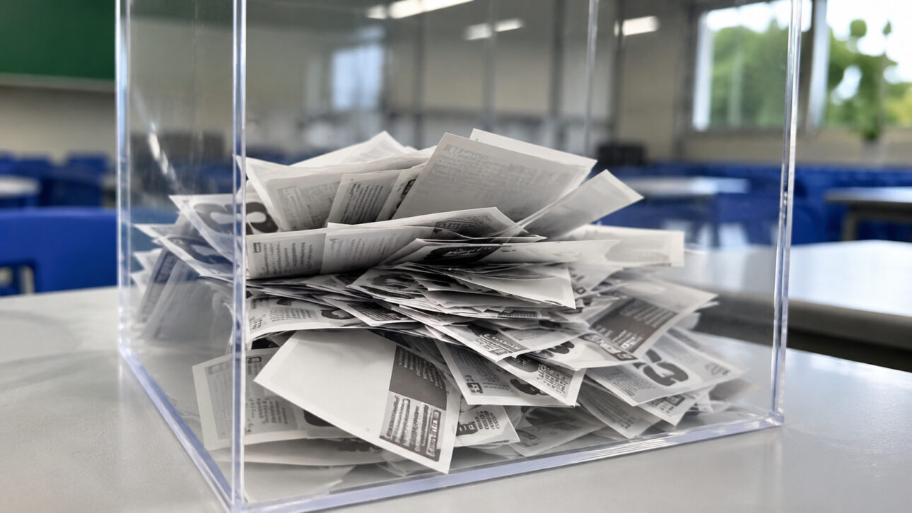 Transparent box containing dozens of discarded protective papers from World Cup stickers, collected for recycling in an environmental project developed in a school environment.