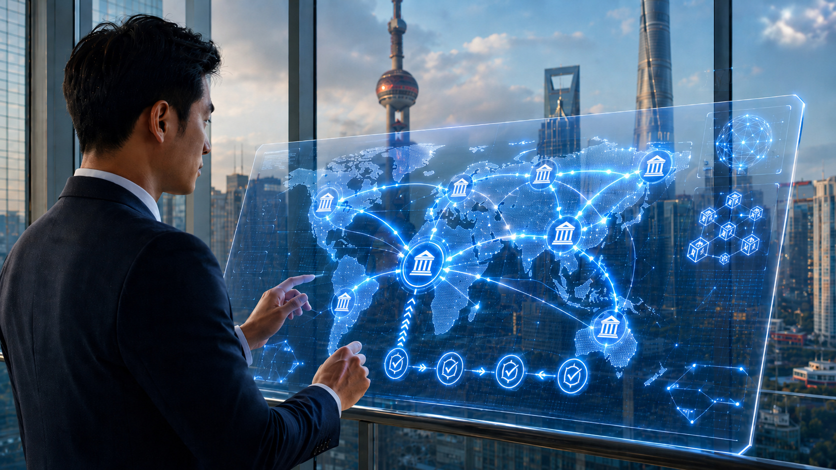 Executivo observa sistema digital de pagamentos internacionais em tela holográfica diante de skyline financeiro na China