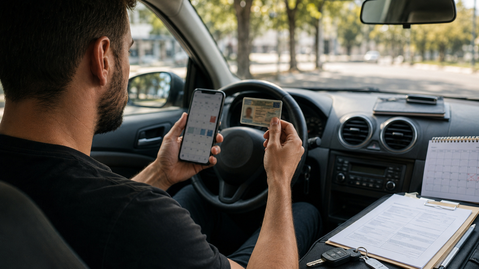 Motorista dentro do carro segurando a CNH e consultando datas no celular durante processo de renovação da habilitação