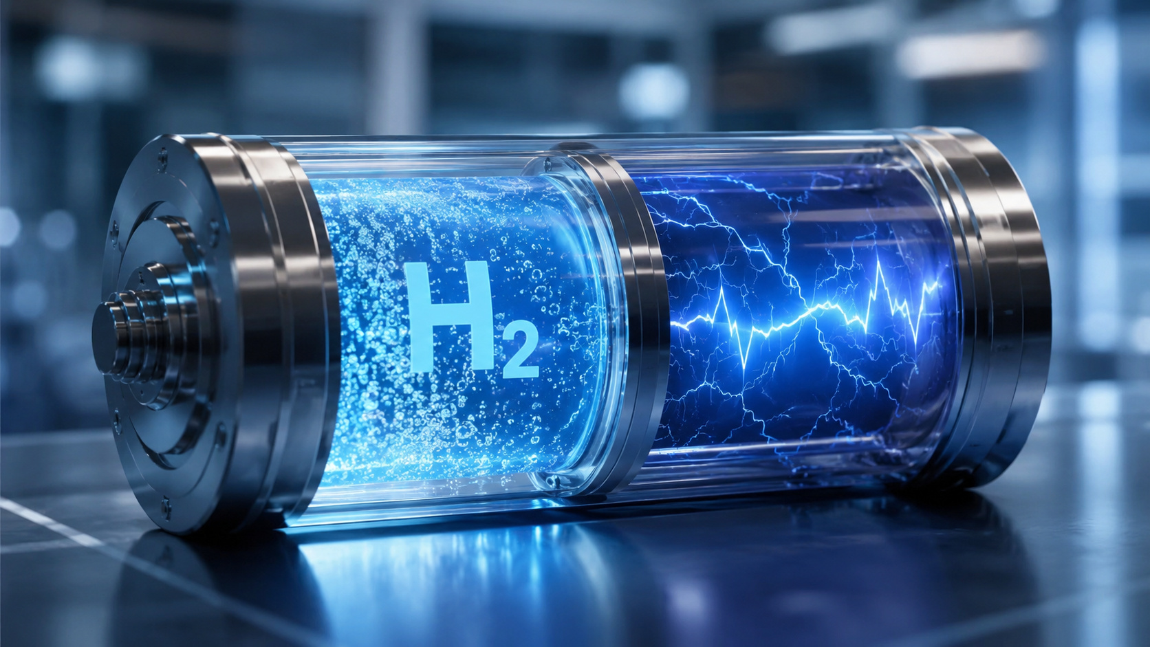 Protótipo conceitual de bateria de íons de hidrogênio exibindo armazenamento simultâneo de hidrogênio e eletricidade em ambiente de laboratório de alta tecnologia.