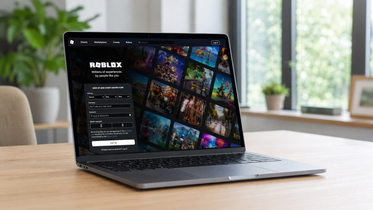 Notebook exibindo a página da Roblox em ambiente moderno, representando mudanças na plataforma para menores de 16 anos, Roblox Kids, Roblox Select e controle dos pais.