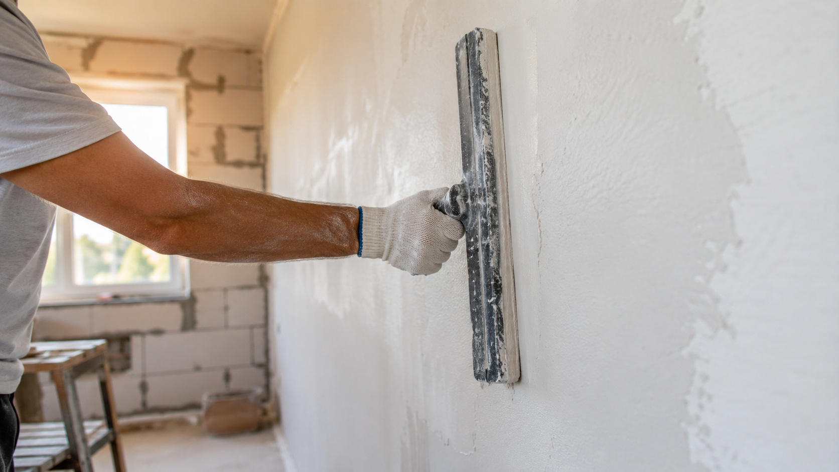 Profissional aplica gesso liso em parede interna durante obra residencial, mostrando acabamento que pode substituir o reboco tradicional e reduzir etapas da construção.