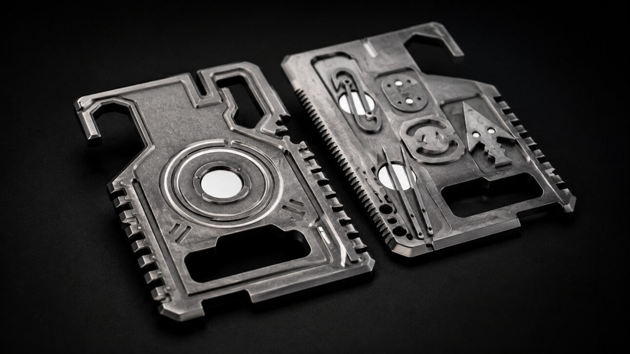 Two multifunctional metallic cards on a dark background, with cutouts, serrated edges, and circular details reminiscent of the TitanSnap gadget.