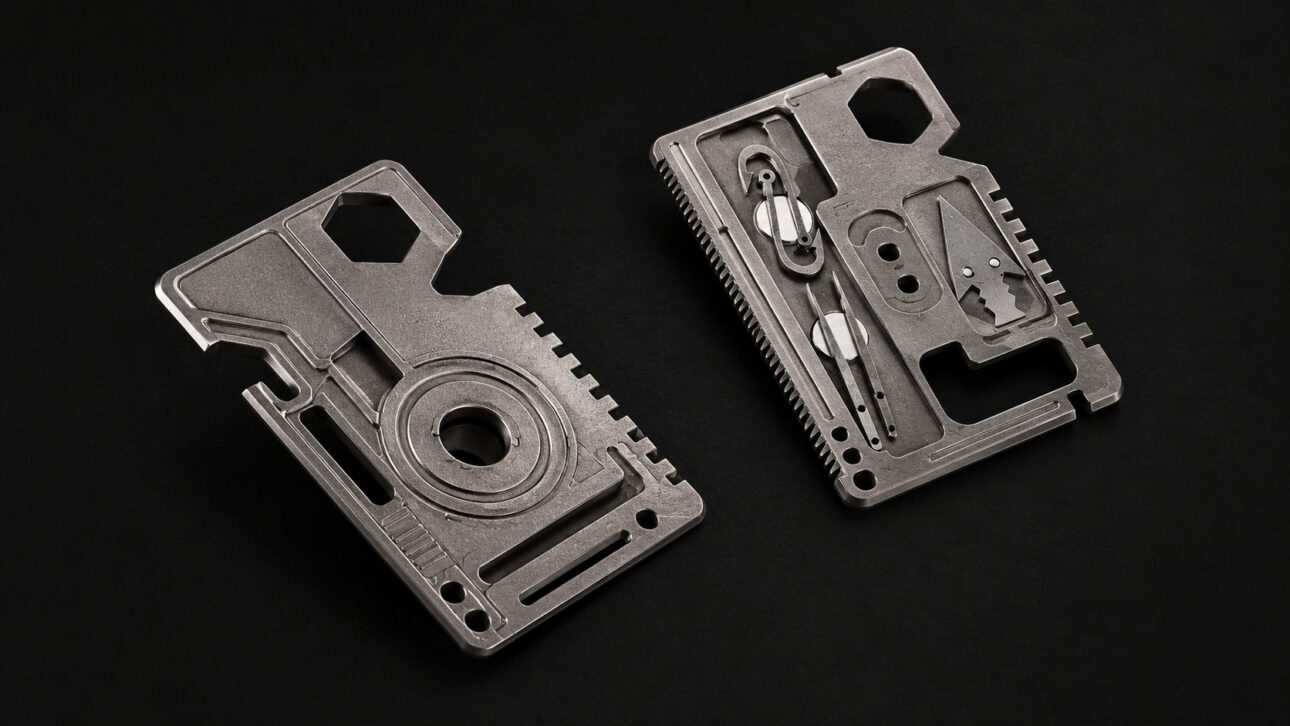 Two titanium multitool cards on a black background, with cutouts, circular details, serrated edges, and a compact shape similar to TitanSnap.